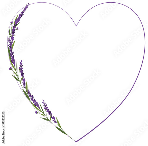 Heart shaped frame decorated with purple lavender flowers and green stems on one side. Romantic minimal design on white background. Ideal for love, easter, spring, wedding and floral projects.