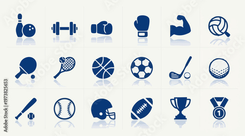 Set of various sport icons with reflections, athletic equipment symbols