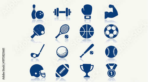 Collection of various blue sports and fitness icons with reflections