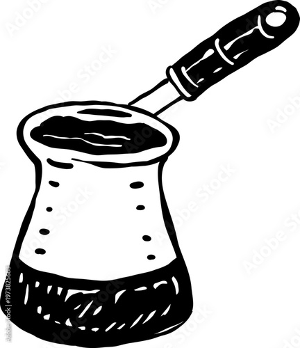 Turkish coffee pot, hand-drawn line art with natural imperfect lines. Minimalist doodle-style illustration of traditional coffee brewing equipment.