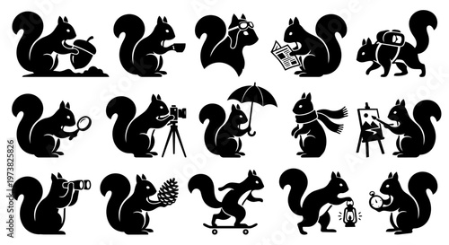 A diverse collection of black squirrel silhouettes engaging in various human-like activities, from reading and photography to skateboarding and exploring, presented as playful vector icons.