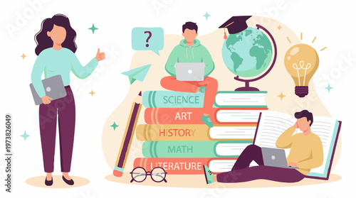 Digital education concept with students studying online and acquiring knowledge