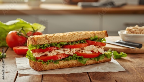 Tuna sandwich with tomatoes and lettuce made at home.