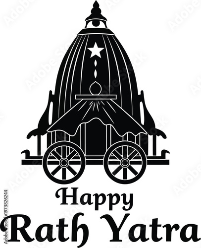 Black silhouette of traditional Indian chariot with wheels and dome shaped roof Happy Rath Yatra