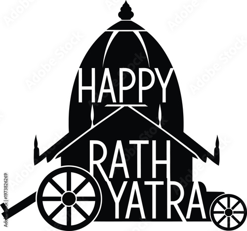 Happy Rath Yatra festival celebration graphic design with temple and chariot silhouette