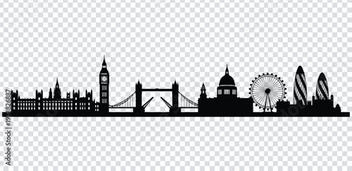 Vector illustration black silhouette of london city skyline with famous landmarks