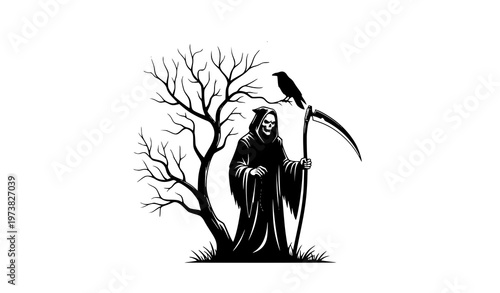 Grim reaper silhouette with full moon raven spooky vector illustration isolated on white