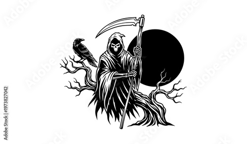 Grim reaper halloween silhouette vector with raven and moon isolated on white