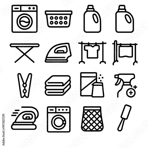 Collection of laundry icons representing washing, drying, and cleaning household items