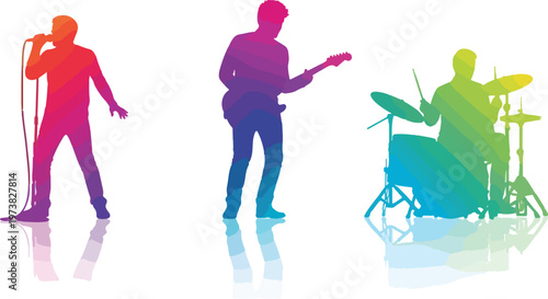 Colorful rock band silhouettes with rainbow gradient, musical performers including singer, guitarist and drummer, vibrant live concert music vector