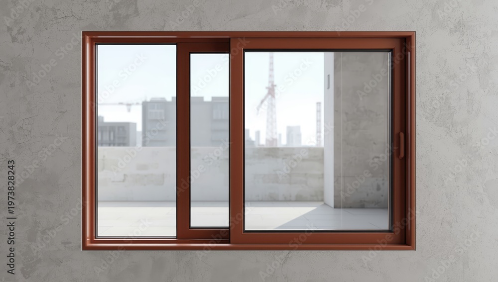 Fototapeta premium Perspective view of an open matte iron sliding window with a terracotta finish. Modern metal frame featuring a sliding glass panel for architectural visualization and design.