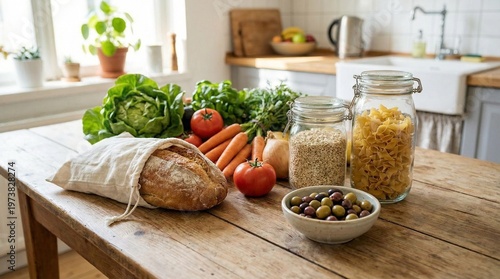 Fresh vegetables and food on a kitchen table with bread
