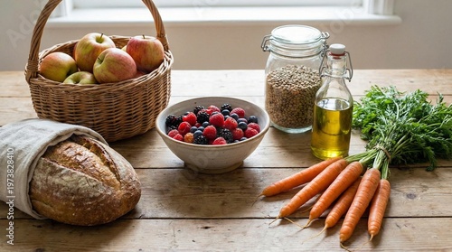 A still life arrangement of fresh produce and food on a wooden table indoors.