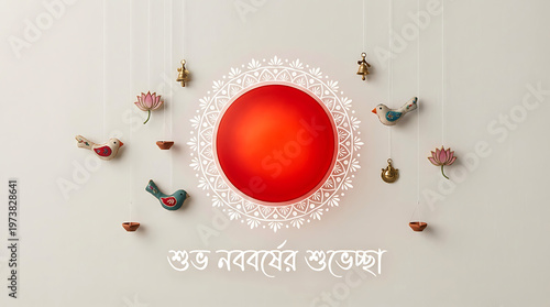 Colorful Pohela Boishakh Cultural Decorations Featuring Birds Lotus And Religious Symbols