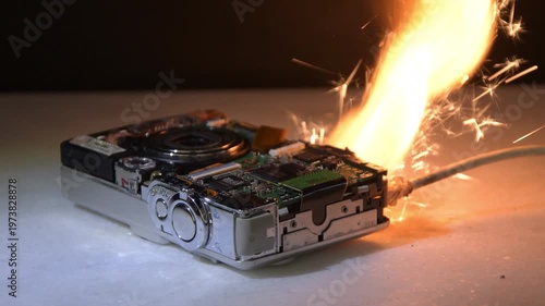 Camera ignites and sparks due to malfunction creating fire risk and equipment damage