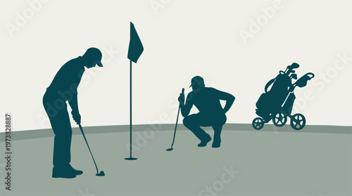 Minimalist silhouettes of golfers on a putting green with flagstick