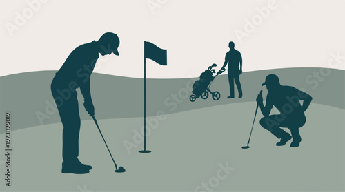 Golfing scene with players, flag, and cart on a minimalist course