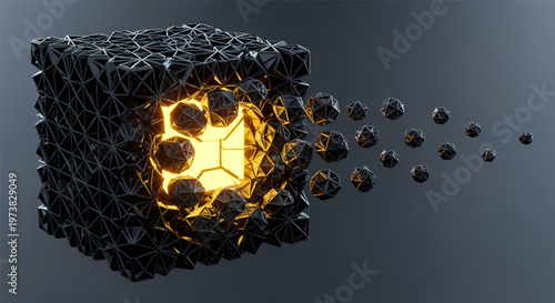 Nanoparticles bursting from a carbon nanotube cube structure with glowing yellow interior on dark background its illustration only