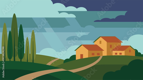 Countryside landscape with houses, hills, paths, and trees in a flat design style