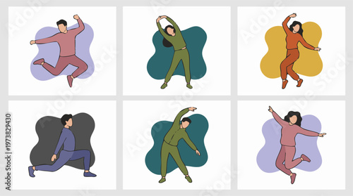 Diverse people performing various exercises: jumping, stretching, lunging.