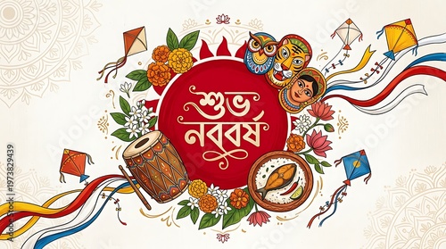 Poila Boishakh Bengali New Year celebration with traditional elements and kites