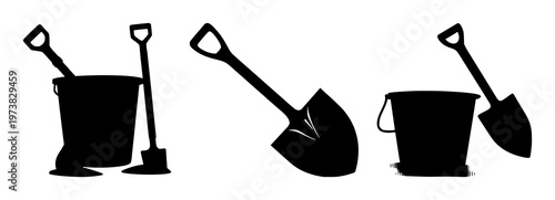 Bucket and spade set with black silhouette on white background featuring outdoor, gardening, tools with illustration and vector design