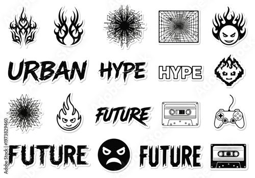 Urban Streetwear Style Graphic Elements Set with Text Flame Angry Faces and Retro Tech Designs