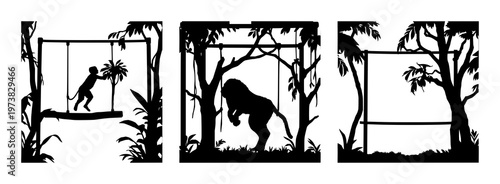 Jungle gym set with black silhouette on white background featuring playground equipment, climbing structure, children entertainment with play area and fun