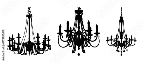 Chandelier set with black silhouette on white background design featuring lighting, decor, interior with elegance and sophistication