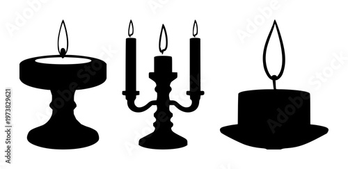 Candle holder set with black silhouette on white background featuring candle, holder, silhouette with black and white and illustration