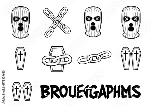 Balaclava Streetwear Elements Set with Masks Chains and Coffins for Urban Graphic Design