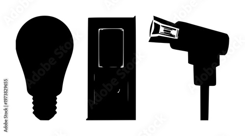 Light switch set with black silhouette on white background featuring switch mechanism, electrical control, home décor with dark silhouette and neutral backdrop