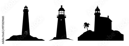 Lighthouse set with stark black silhouette on white background featuring nautical, maritime, sea with architecture and design