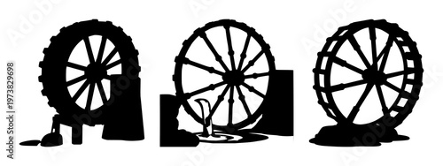Water wheel set with black silhouette on white background featuring water wheel, hydropower, mechanical device with industrial and decorative