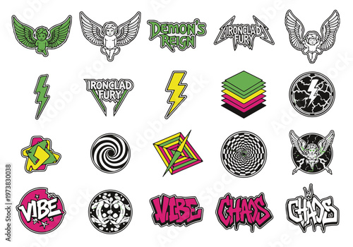 Graphic Streetwear Stickers Collection Featuring Angels Lightning Bolts and Abstract Geometric Designs