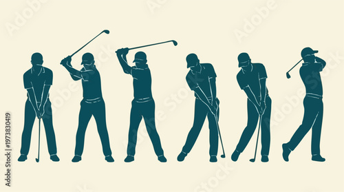 Sequence of a male golfer's swing, silhouette vector illustration