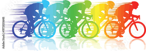 Dynamic cycling race vector with rainbow gradient silhouettes, fast motion blur effect on professional road cyclists, colorful sports competition graphic