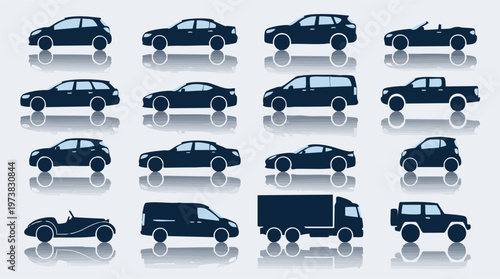 Collection of diverse vehicle silhouettes with reflections on light background
