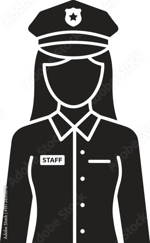 Professional female security guard or staff member silhouette icon wearing a uniform with badge and peaked cap isolated on white background for public safety law enforcement airport 
