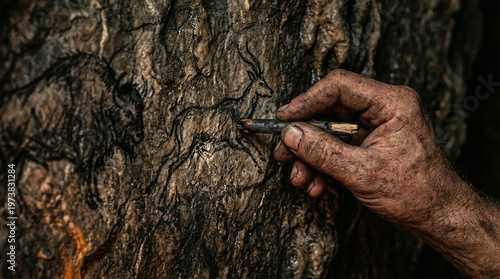 Close-up of a dirty hand drawing prehistoric cave art on a rock wall. Ancient human using charcoal to sketch animals. Paleolithic history and archaeology concept