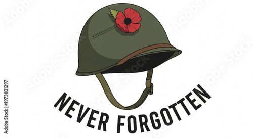 A vector graphic illustration of a military helmet with a red poppy and the words 'NEVER FORGOTTEN' below it