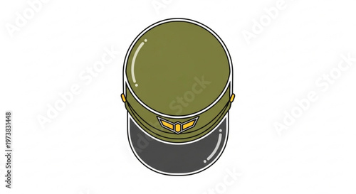 A vector graphic illustration of a military style green hat with a gold buckle and black brim on a white background