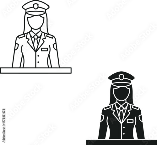 Set of female customs officer or police woman icons in outline and solid black silhouette styles wearing formal uniform with peaked cap and tie for law enforcement security border control 