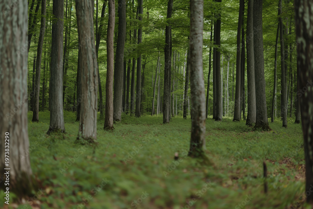 Fototapeta premium Beautiful Forest with Tall Trees and Lush Greenery, Creating a Peaceful Natural Landscape