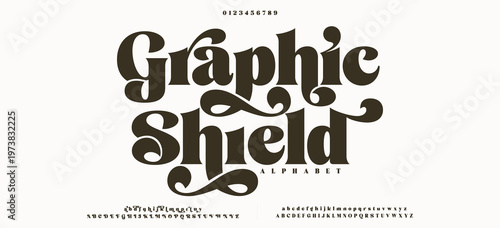 Graphic Shield Elegant luxury abstract wedding fashion logo font alphabet. Minimal classic urban fonts for logo, brand etc. Typography typeface uppercase lowercase and number. vector illustration