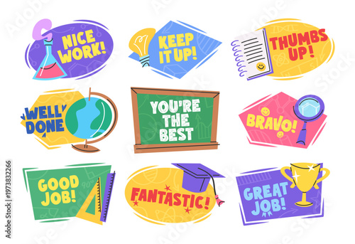School reward badges Bravo Youre the best Good job with trophy globe flask and notebook