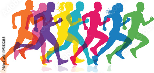 Colorful running silhouettes in motion, vibrant marathon runners group vector, dynamic athletic people sprinting, multi-colored jogging figures for sports design
