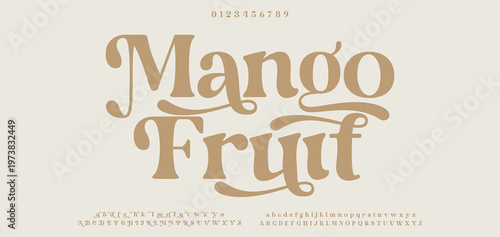 Mango Fruit Elegance Luxury wedding alphabet font. Decorative Typography elegant classic lettering serif fonts vintage retro for logo. vector illustration