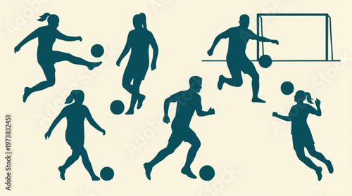 Soccer player silhouettes: male and female athletes in action with balls and goal