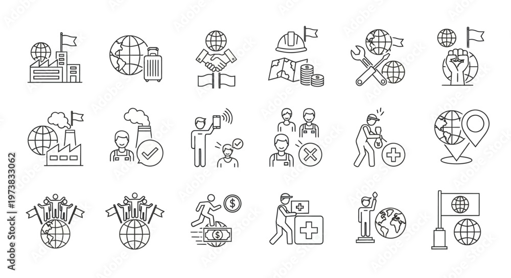 Fototapeta premium Global Social Responsibility and International Cooperation Line Icons - Addressing World Challenges, Economic Impact, and Humanitarian Aid Efforts